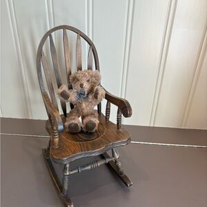 Classic Wooden Rocking Chair with Plush Teddy Bear